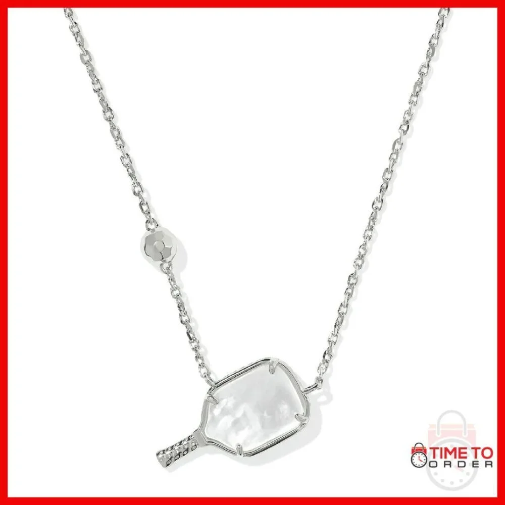 Silver Pickleball Pendant Necklace with Mother of Pearl Gem